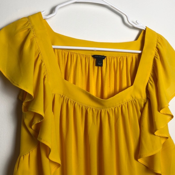 Ann Taylor Flutter Sleeve Mustard Yellow Blouse - Picture 2 of 6